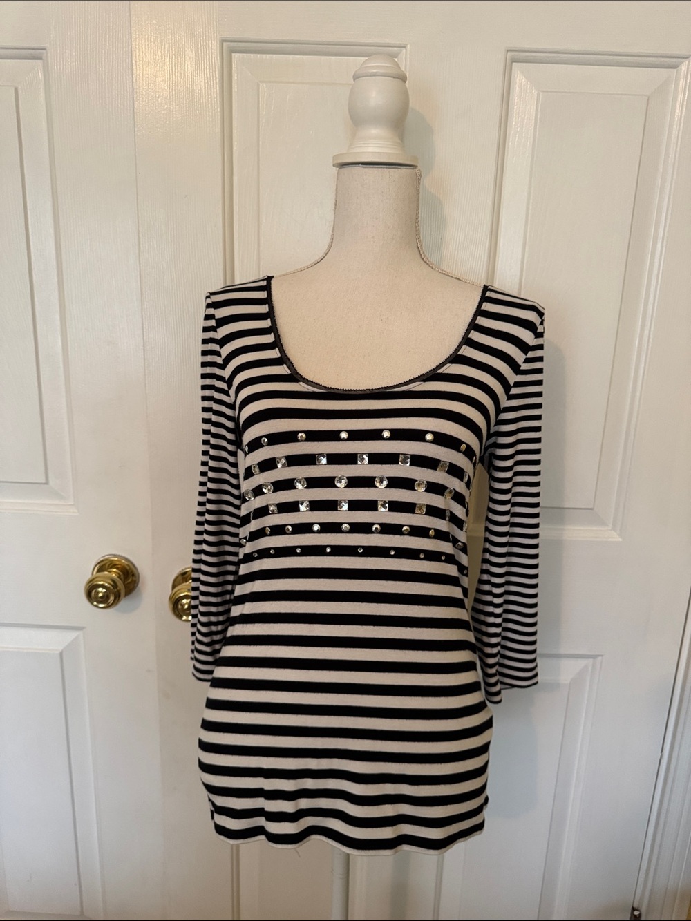 White House Black Market Black & White Striped Top w/ Embellishments